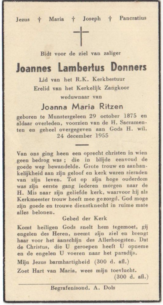 Joannes L. Donners 1875 Munstergeleen + 1955, 80 jaar oud, Ophalen of Verzenden