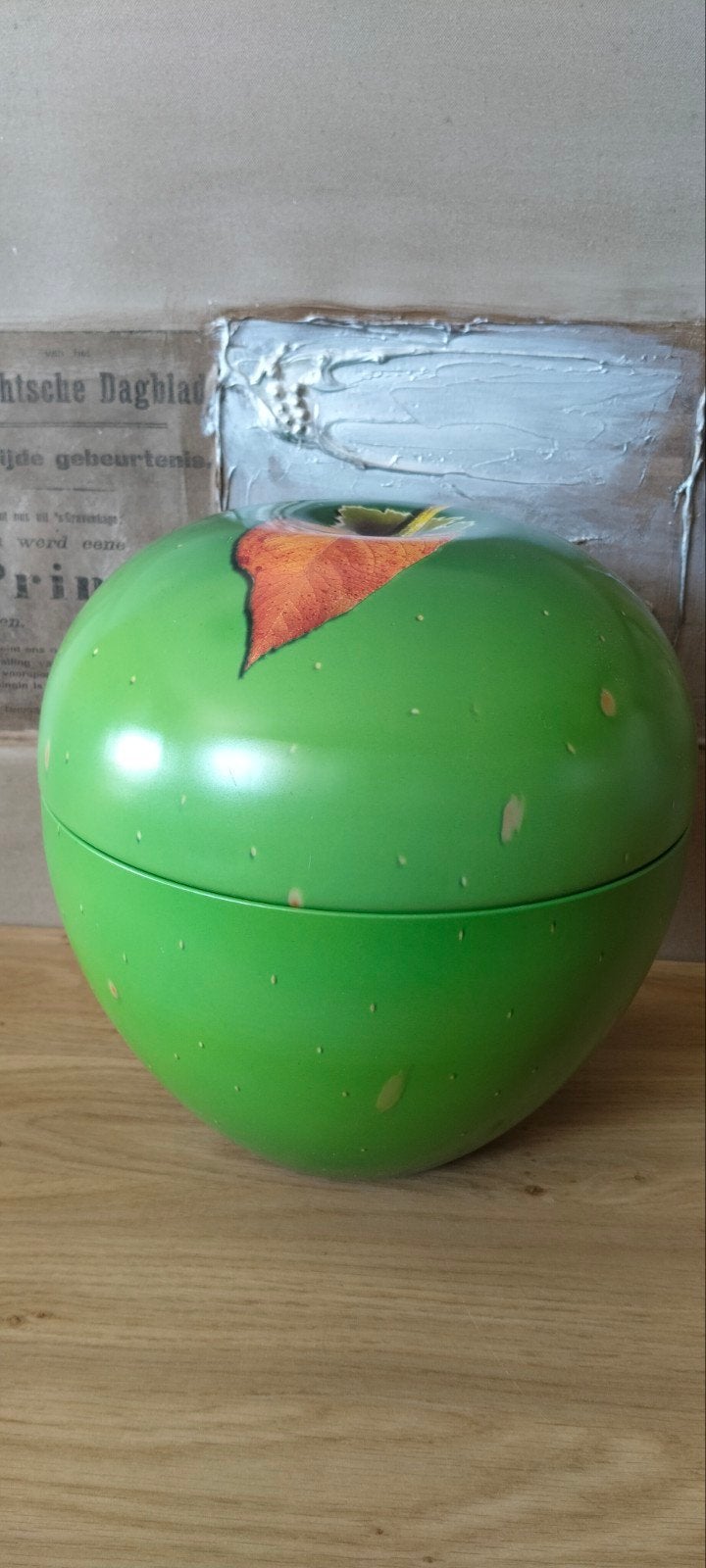 Grote groene appel blikken opbergdoos - Vintage decoratie, Groen, Vintage, Gebruikt, Verzenden