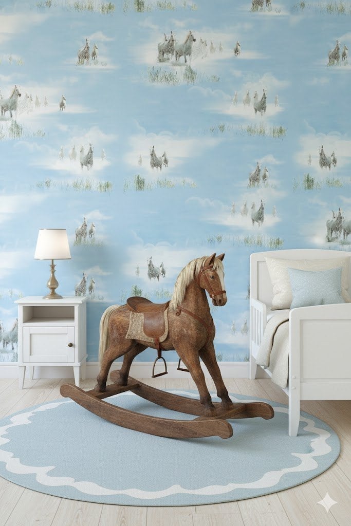 6761 witte paarden in wolkenlucht vintage behang, Swiet, Ophalen of Verzenden, Groen