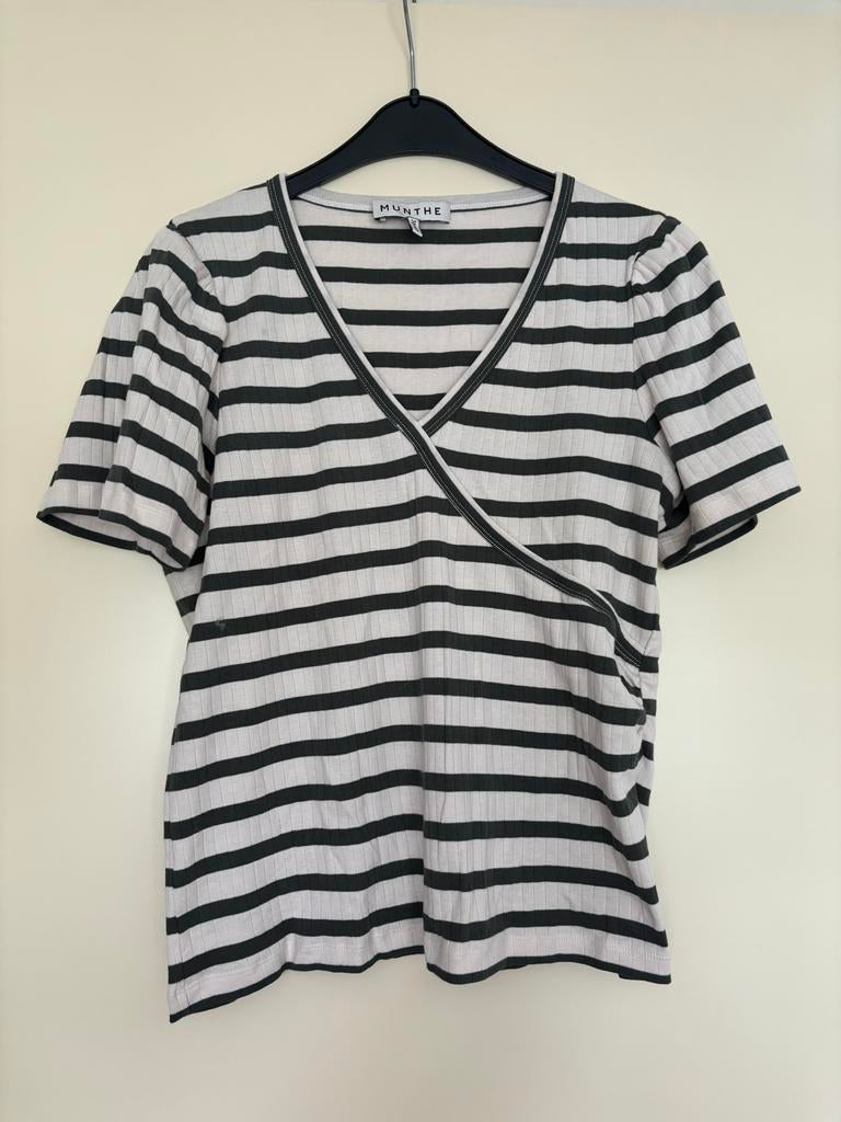 Munthe shirt groen beige streep maat 38, Kleding | Dames, Maat 38/40 (M), Ophalen of Verzenden, Zo goed als nieuw, Korte mouw