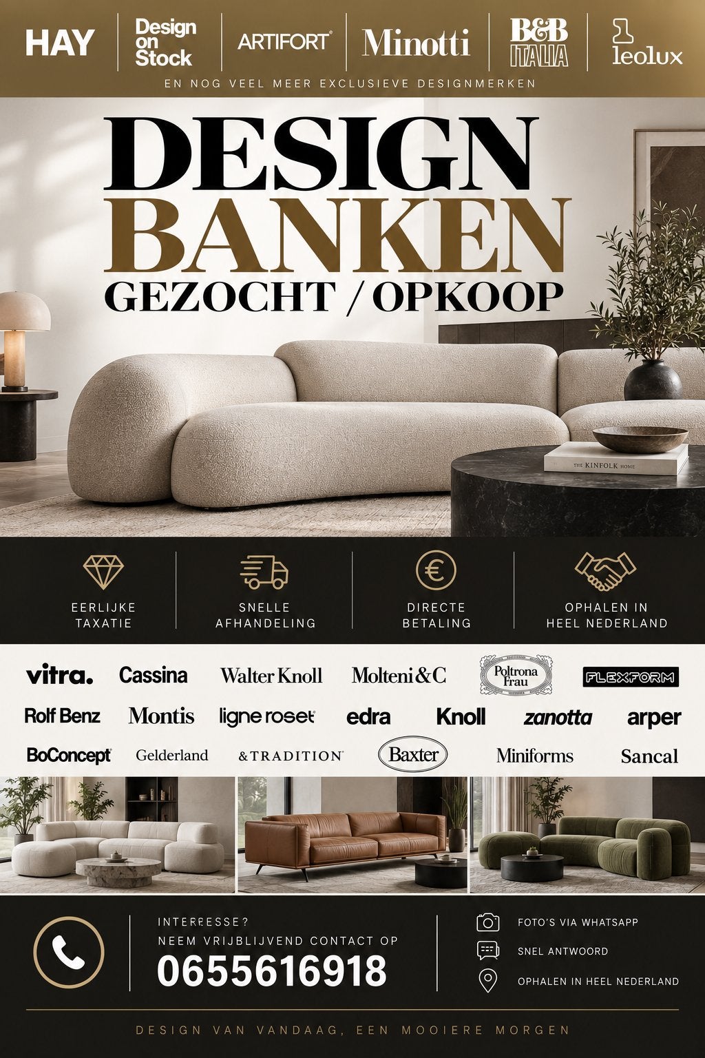 Design Banken Gezocht/Opkoop - Eerlijke Taxatie & Snelle Afh, Ophalen, Gebruikt, 100 tot 125 cm, Hoekbank