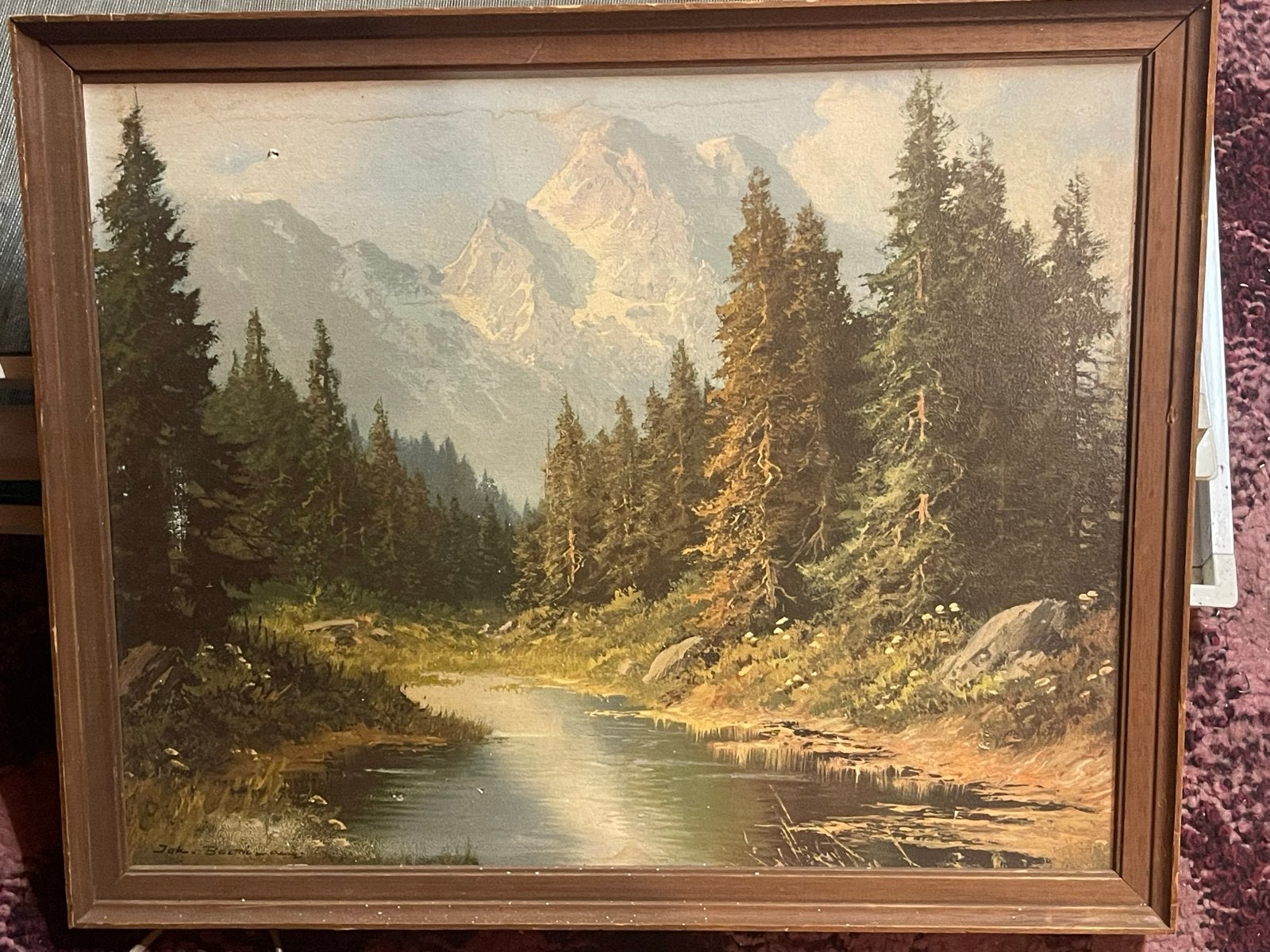 Schilderij Berglandschap met Rivier en Bos, Antiek en Kunst, Kunst | Schilderijen | Klassiek, Ophalen, Doek, Realistisch, Landschap