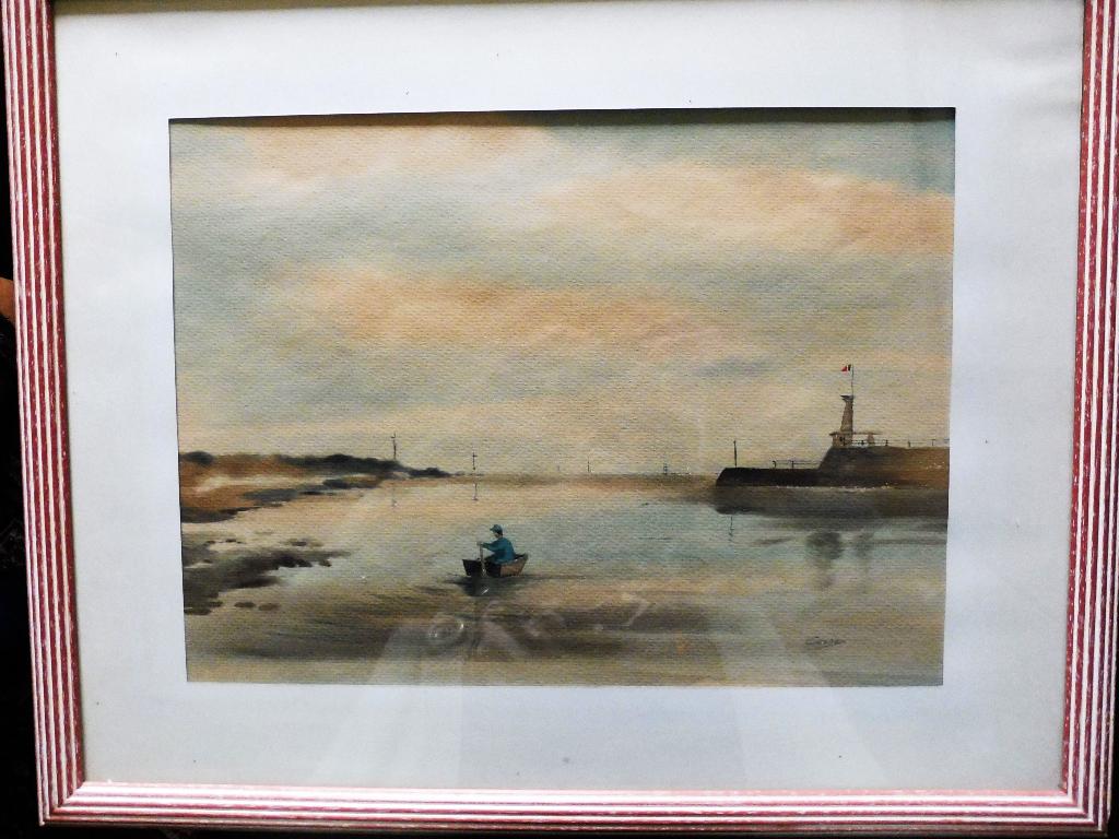 Schilderij:  Aquarel, man verlaat haven in roeiboot., Ophalen of Verzenden