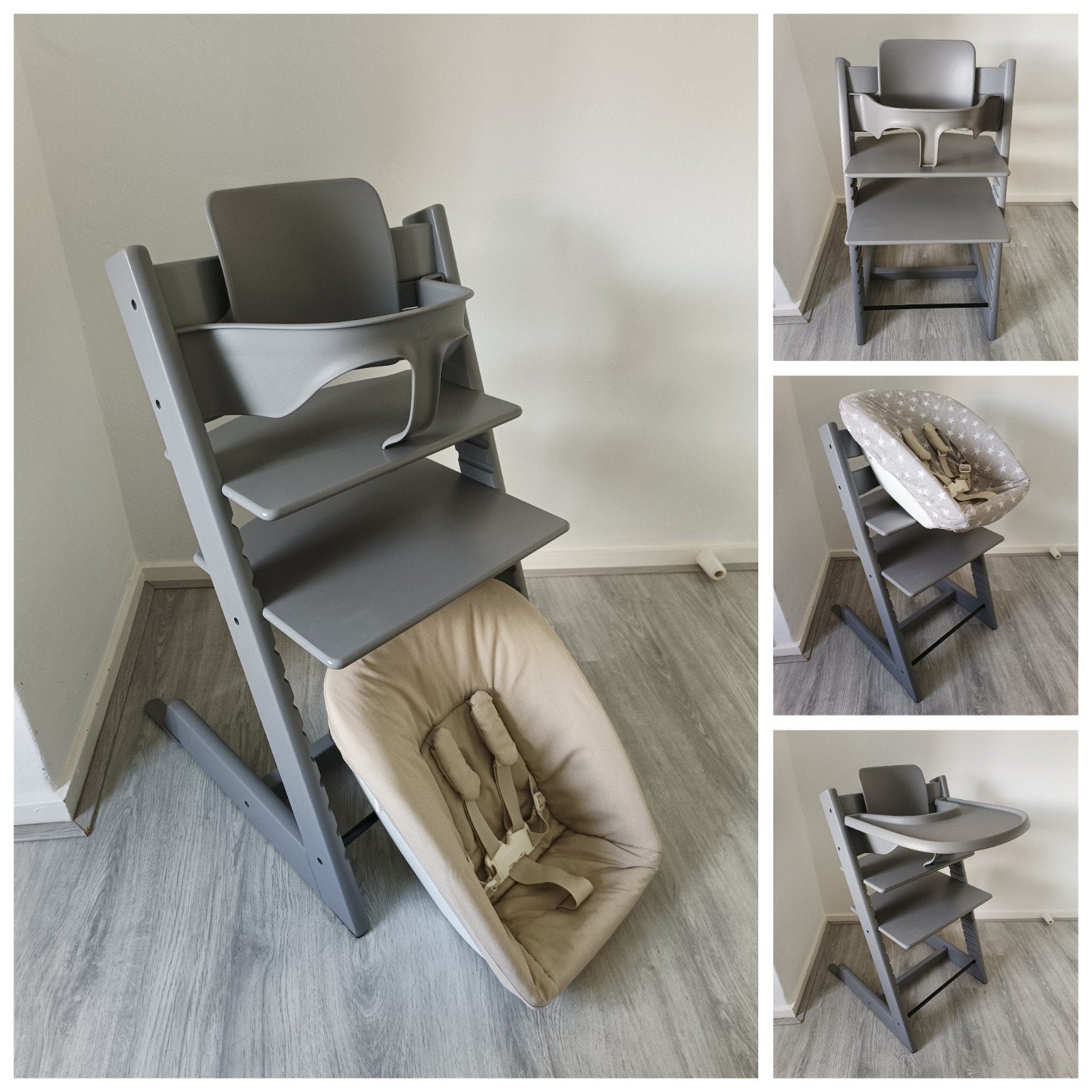ZGAN! Stokke babyset storm grey+babyset,newbornset evt. tray, Meegroeistoel, Ophalen of Verzenden, Zo goed als nieuw, Aanschuifbaar