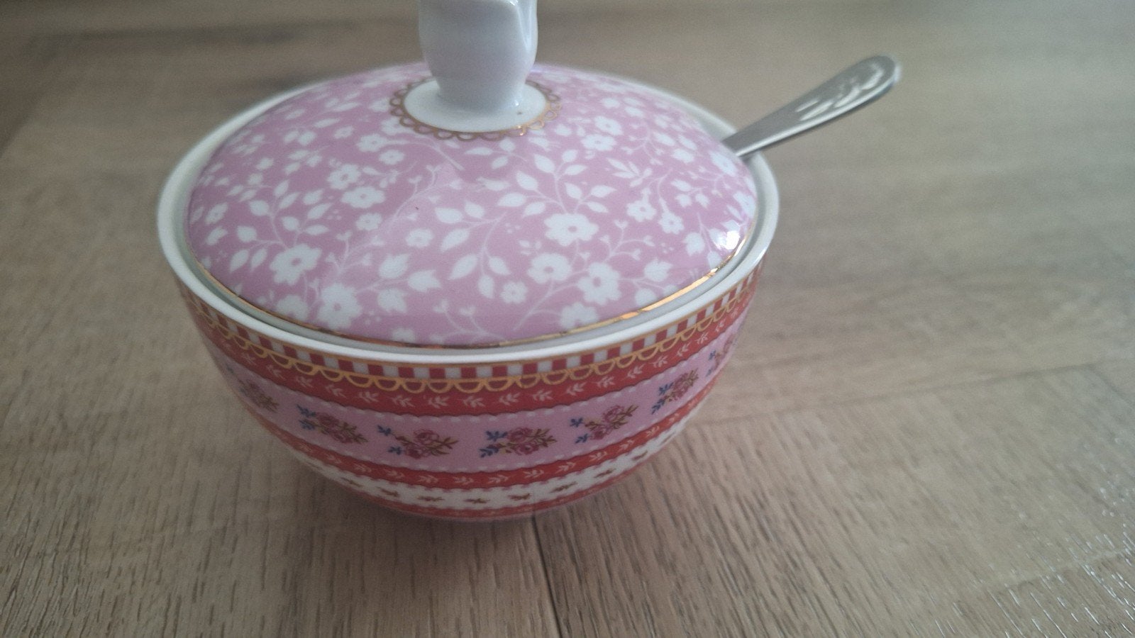 pip studio roze suikerpotje met bloemenprint en lepeltje, Overige typen, Vintage, Ophalen of Verzenden, Zo goed als nieuw