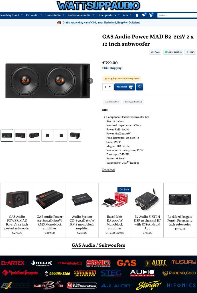 GAS Audio Power MAD B2-212V 2 x 12 inch subwoofer 1200W, Info@optimount.nl, Nieuw, Ophalen of Verzenden, Anholtseweg 48A 7091 HB DINXPERLO