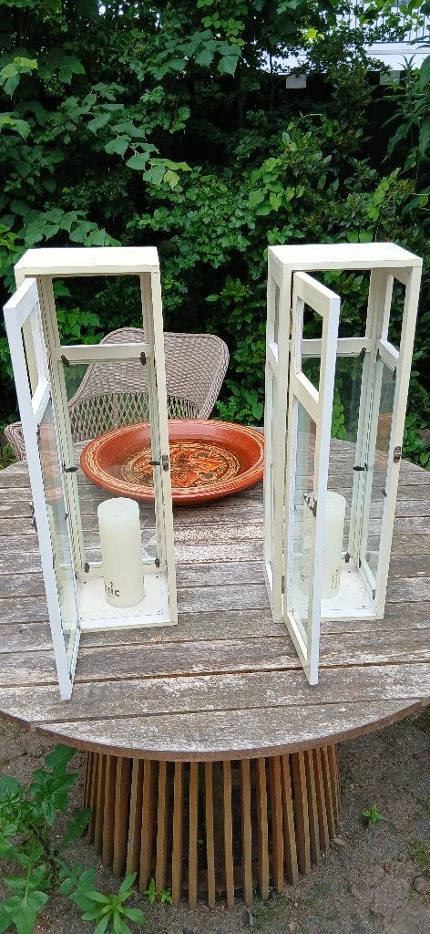 Windlicht 2 stuks, Huis en Inrichting, Woonaccessoires | Kandelaars en Kaarsen, Ophalen, Gebruikt, 25 tot 50 cm, Crème