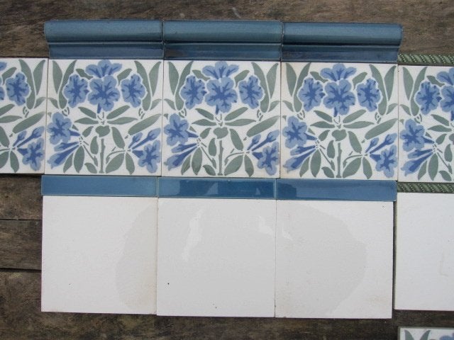 16 stuks antieke wandtegels met bloem in blauw/groen tinten, Antiek en Kunst, Ophalen