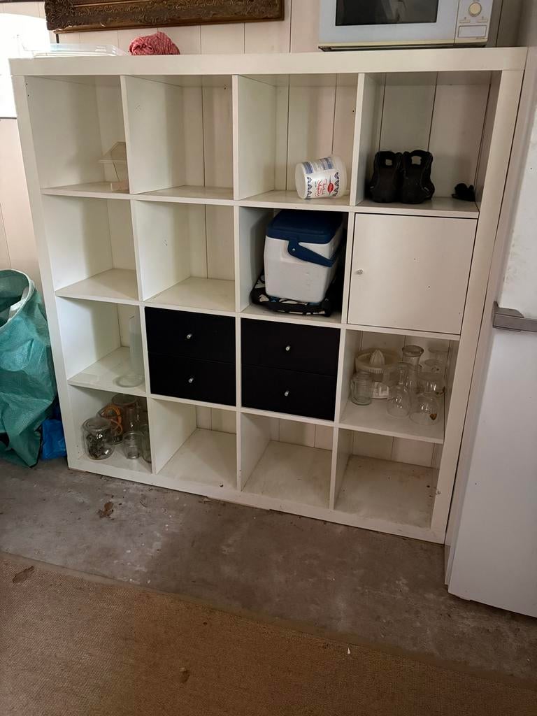 Witte Kast met Zwarte Laden - IKEA Kallax Stijl, Ophalen, Gebruikt, 100 tot 150 cm, Met lade(s)