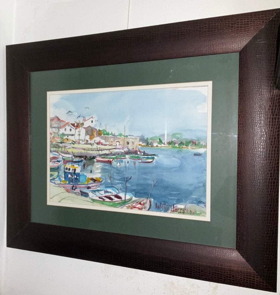 Grote Aquarel - Antonio HEREDERO - Haven Galicië, Ophalen, Maritiem / water, Bijzondere lijst, Papier