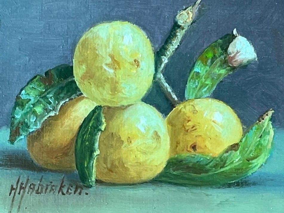 Schilderij gele pruimen op tafel. Hans Habraken., Ingelijst, Paneel, Realistisch, Stilleven