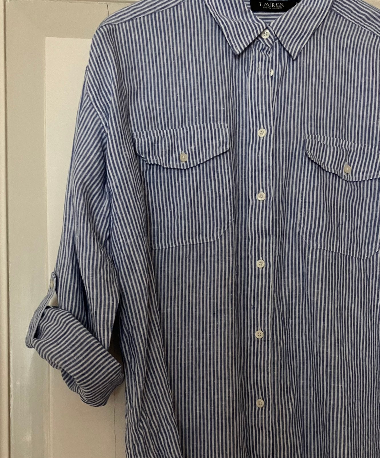 Ralph Lauren linnen blouse maat 42, Ophalen of Verzenden, Zo goed als nieuw, Maat 42/44 (L), Blauw