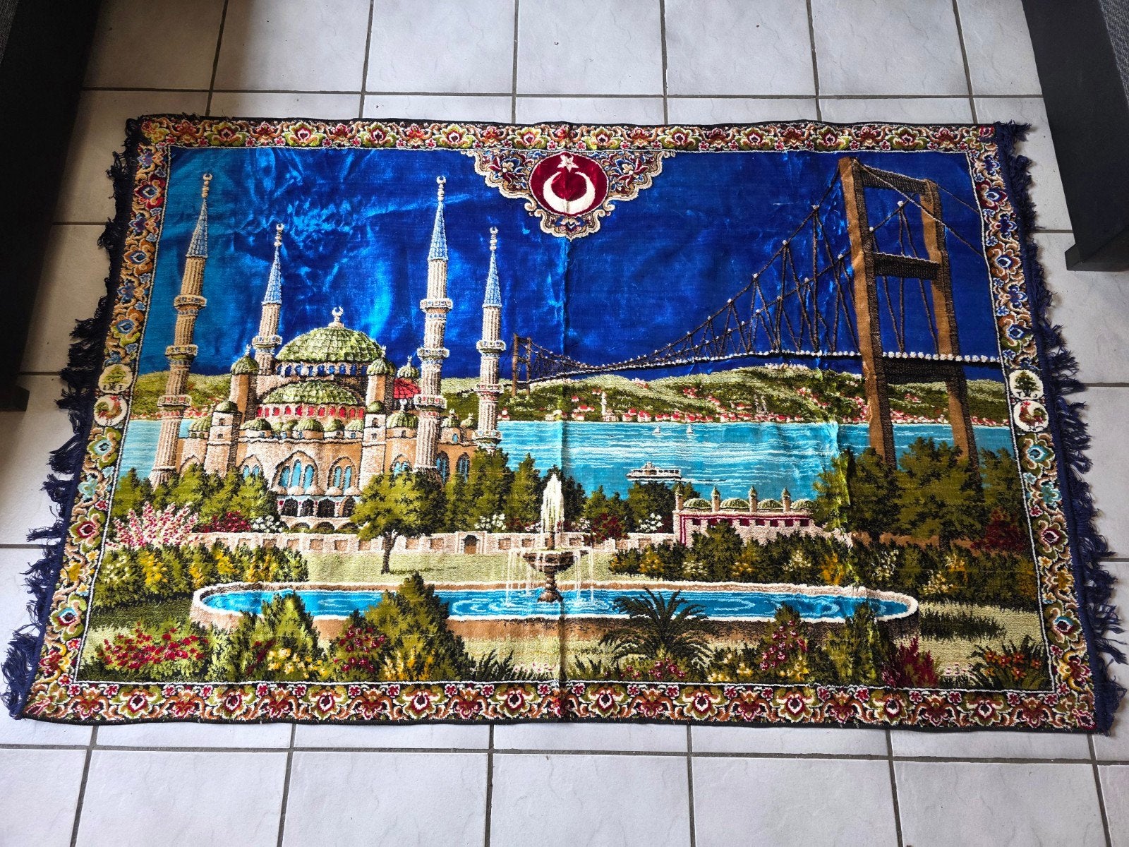 Wandtapijt met Turkse moskee en Bosporus-brug, 100 tot 150 cm, Blauw, Ophalen of Verzenden, Zo goed als nieuw
