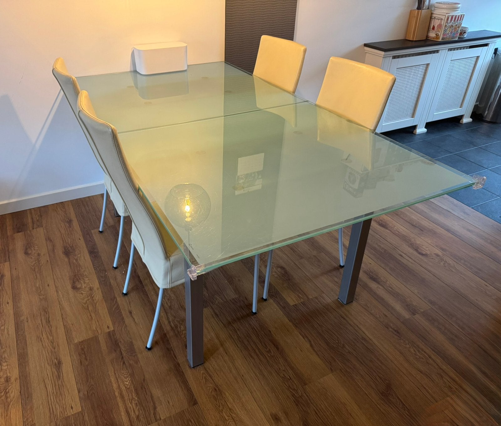 Calligaris glazen uitschuifbare eettafel evt. met stoelen, Ophalen, Gebruikt, 200 cm of meer, 50 tot 100 cm