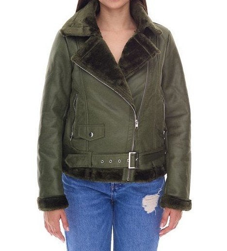 Vegan leren biker jack winter jas donker goen maat 36, Ophalen of Verzenden, Nieuw, Maat 36 (S), Groen