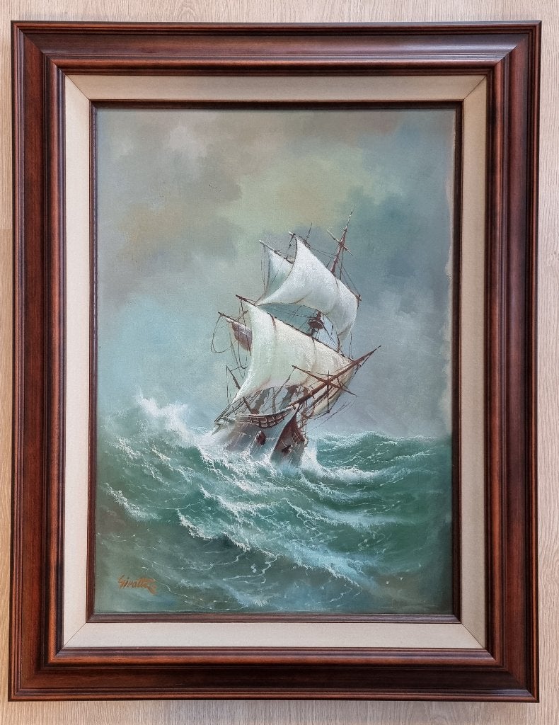Maritiem schilderij van zeilschip op ruwe zee (70x90cm), Maritiem / water, Doek, Olieverf, Klassiek