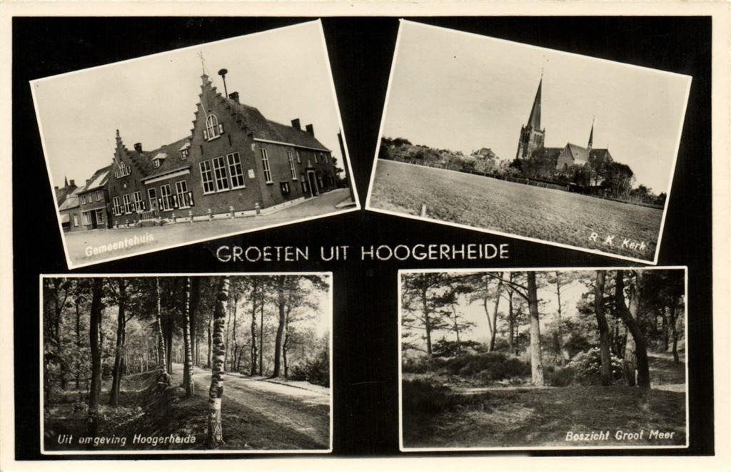 Groeten uit Hoogerheide - 4 afb o.a. R.K. Kerk - 1955 gelope, Ophalen of Verzenden, 1940 tot 1960, Gelopen, Noord-Brabant