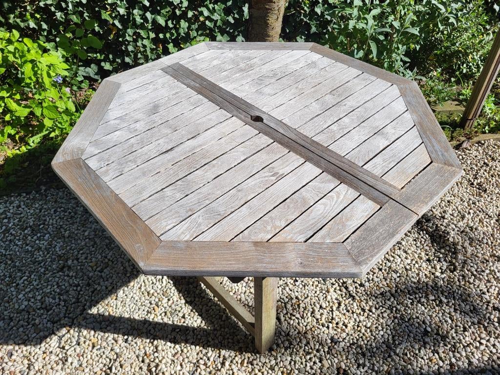 Handgemaakte teakhouten tuintafel 120x120cm uitschuifbaar, Tuin en Terras, Tuintafels, Ophalen, Gebruikt, Vierkant, Teakhout