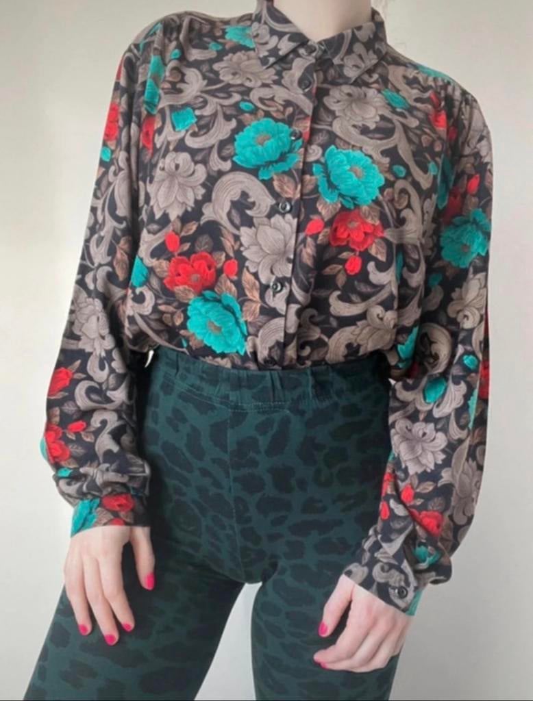 Vintage blouse met print, S/M. Paisley boho bloem bohemian, Kleding | Dames, Bruin, Verzenden, Vintage, Maat 36 (S)