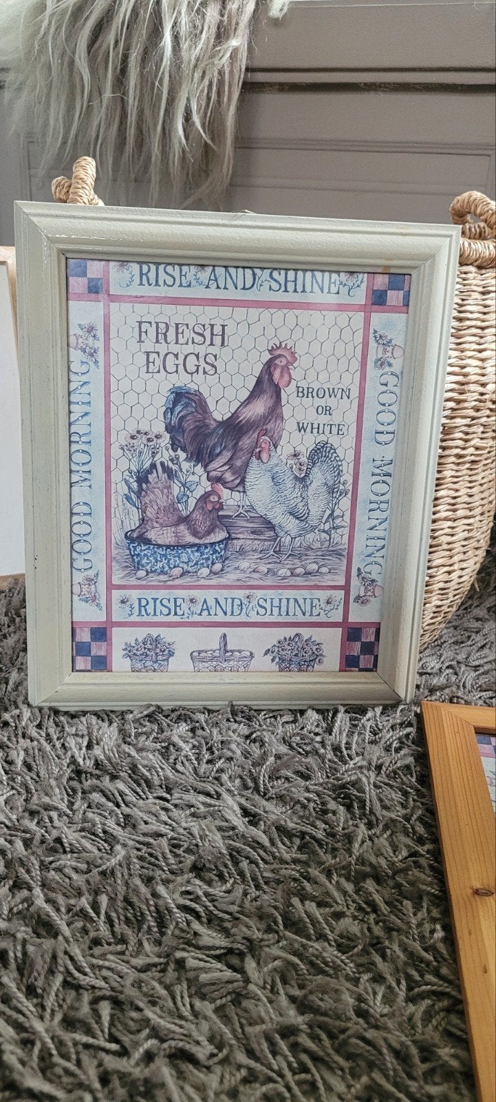Leuke ingelijste print met kippen en 'Rise and Shine', Huis en Inrichting, Minder dan 50 cm, Ophalen of Verzenden, 5 – 50, Print