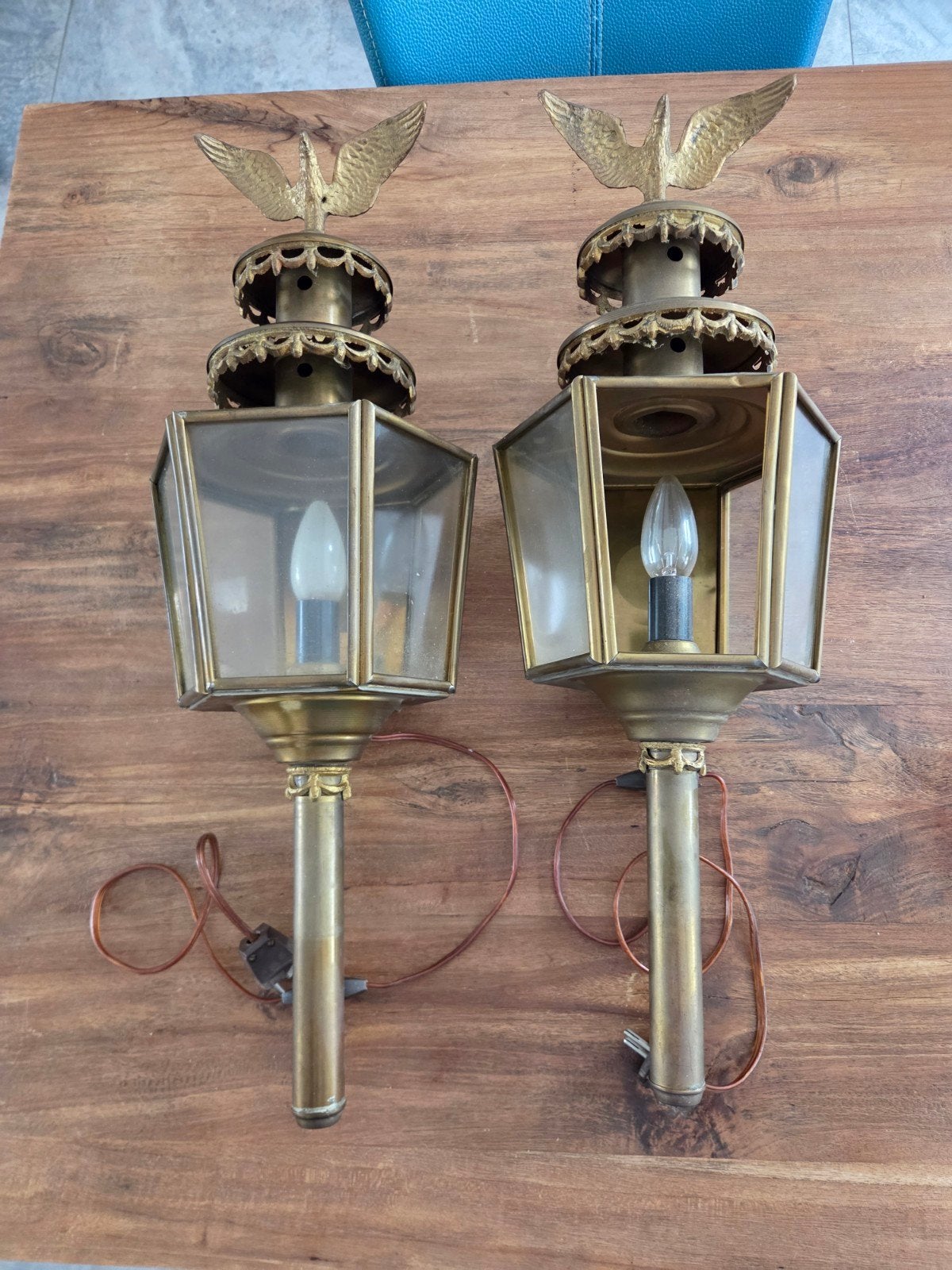Set van 2 antieke messing wandlampen met adelaar, Ophalen of Verzenden