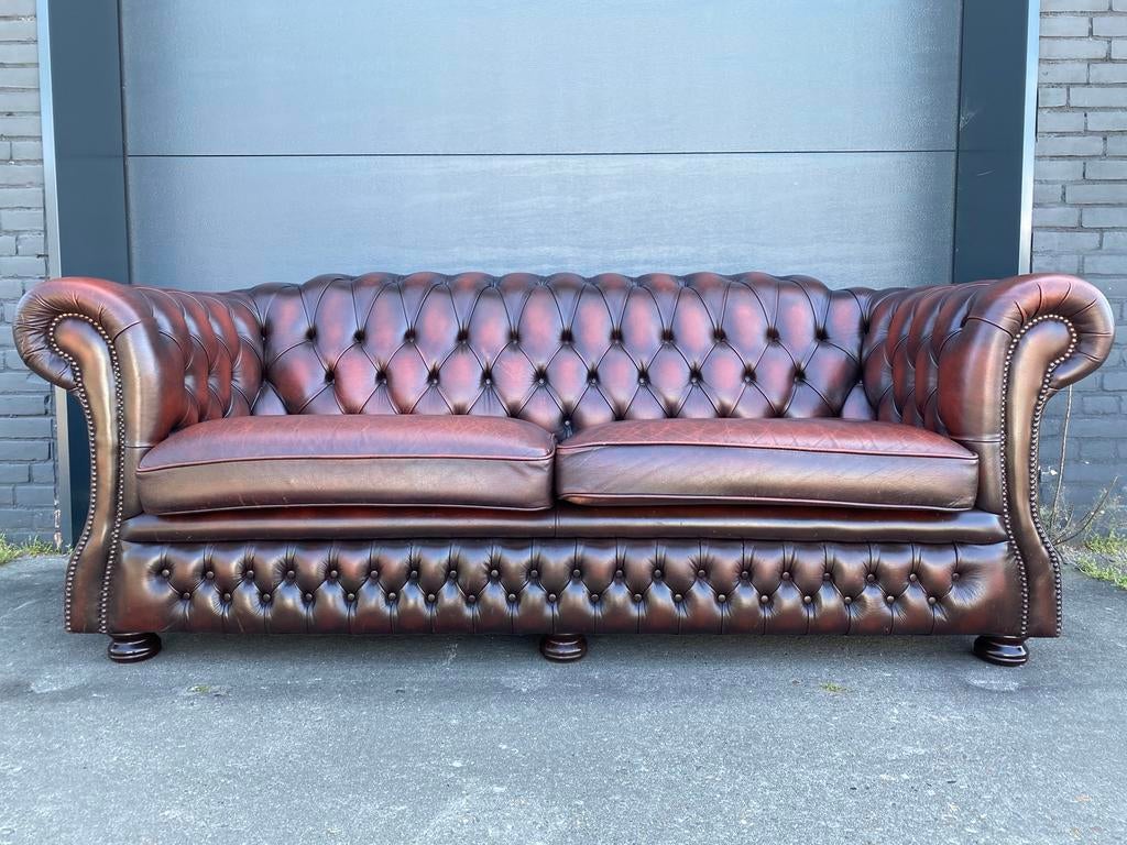 Engelse Springvale Chesterfield bank roodbruin, Ophalen of Verzenden, Zo goed als nieuw, Rechthoekig, Leer