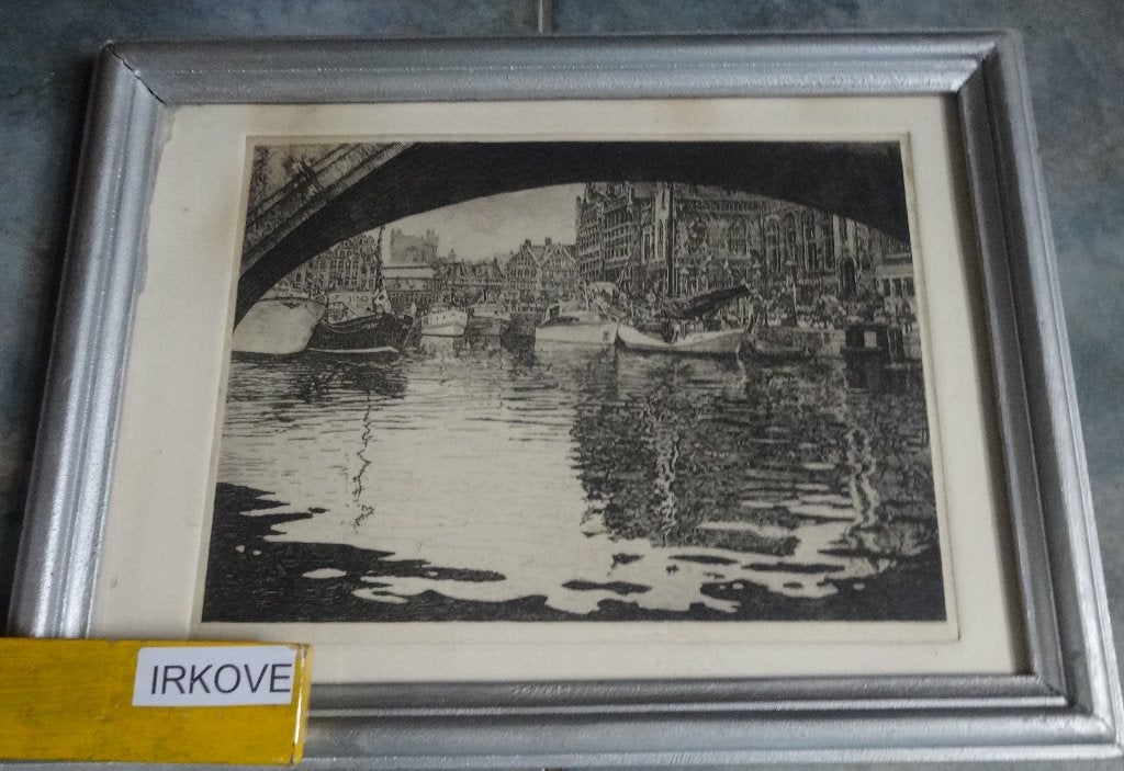 FRAAIE ETS HAVENTJE IN DE STAD * GENT of Leiden ? *, Antiek en Kunst, Ingelijst, 30 cm, Stadsgezicht, 40 cm