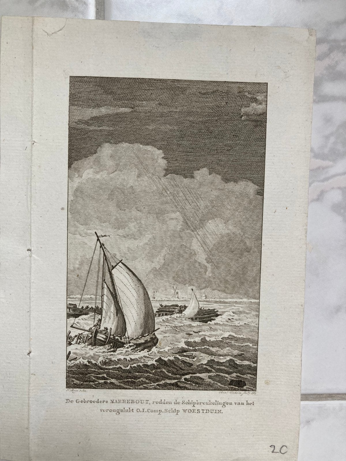 De Gebroeders Narrebout redden de opvarenden Woestduin, 1779, Antiek en Kunst, Origineel, Dagelijks leven, Ophalen of Verzenden