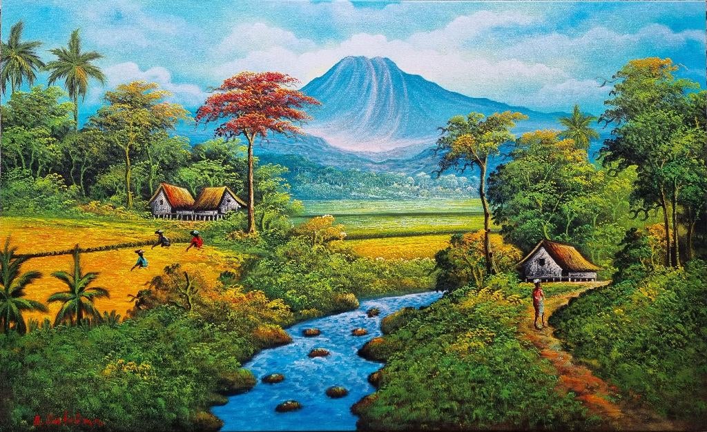 Schilderij landschap met vulkaan en rijstvelden op Bali., Ophalen