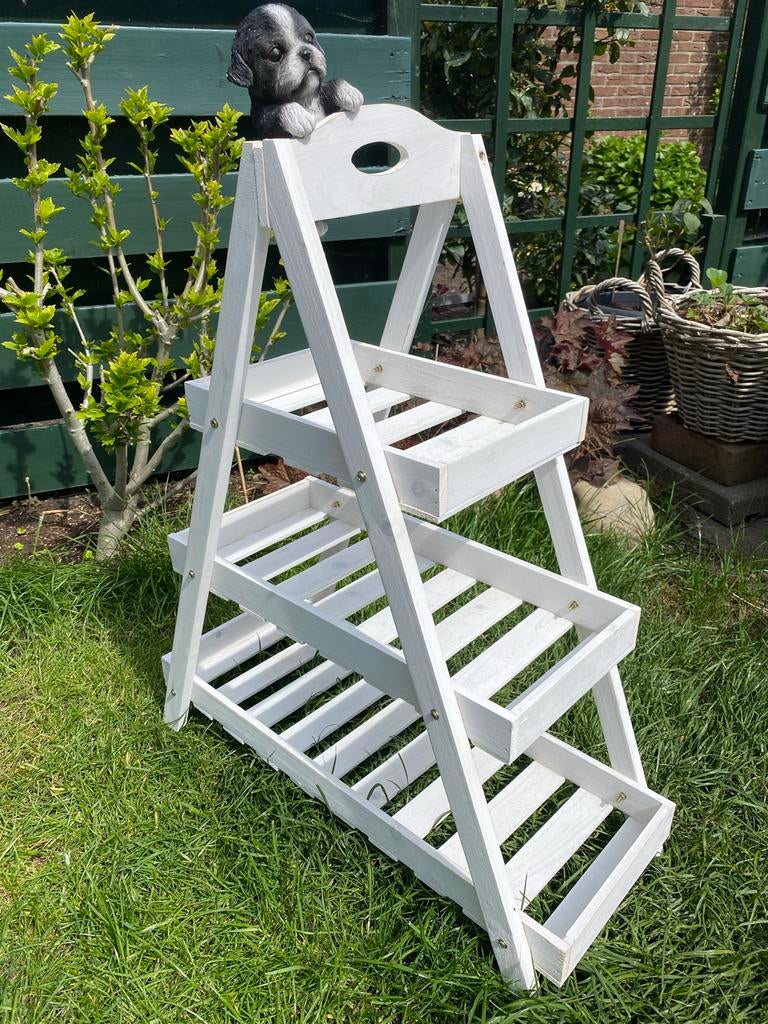 Witte planten etagère van dennenhout - 3 laags, Ophalen, Minder dan 60 cm, Zo goed als nieuw, Overige vormen