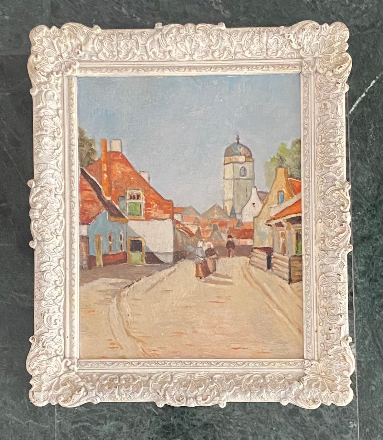 Klassiek dorpsgezicht olieverfschilderij in sierlijke lijst, Ophalen, Doek, Olieverf, Klassiek