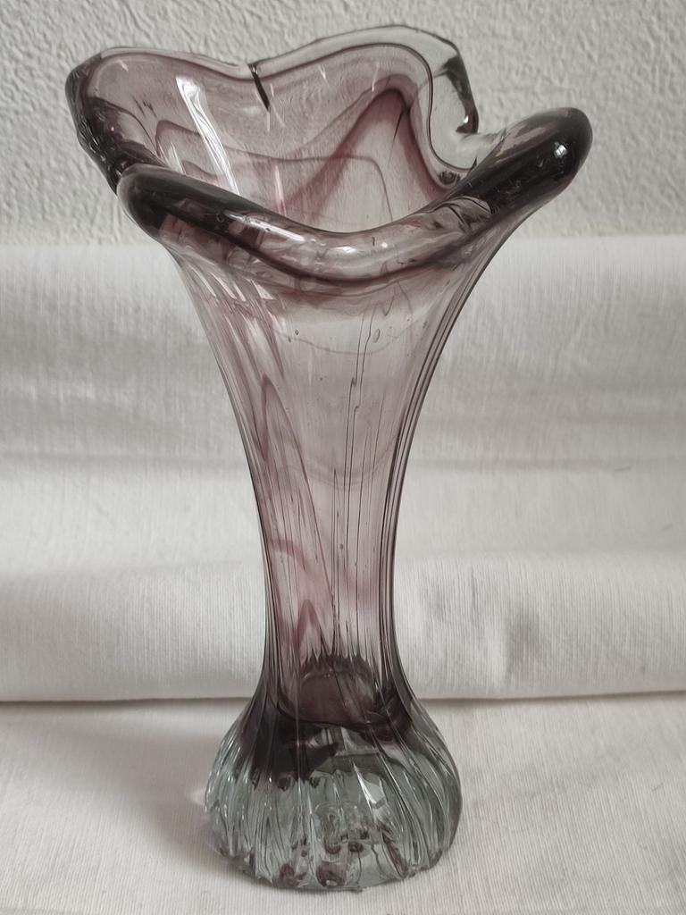 Vintage handgeblazen Murano vaas vaasje paars swirl splash, Ophalen of Verzenden