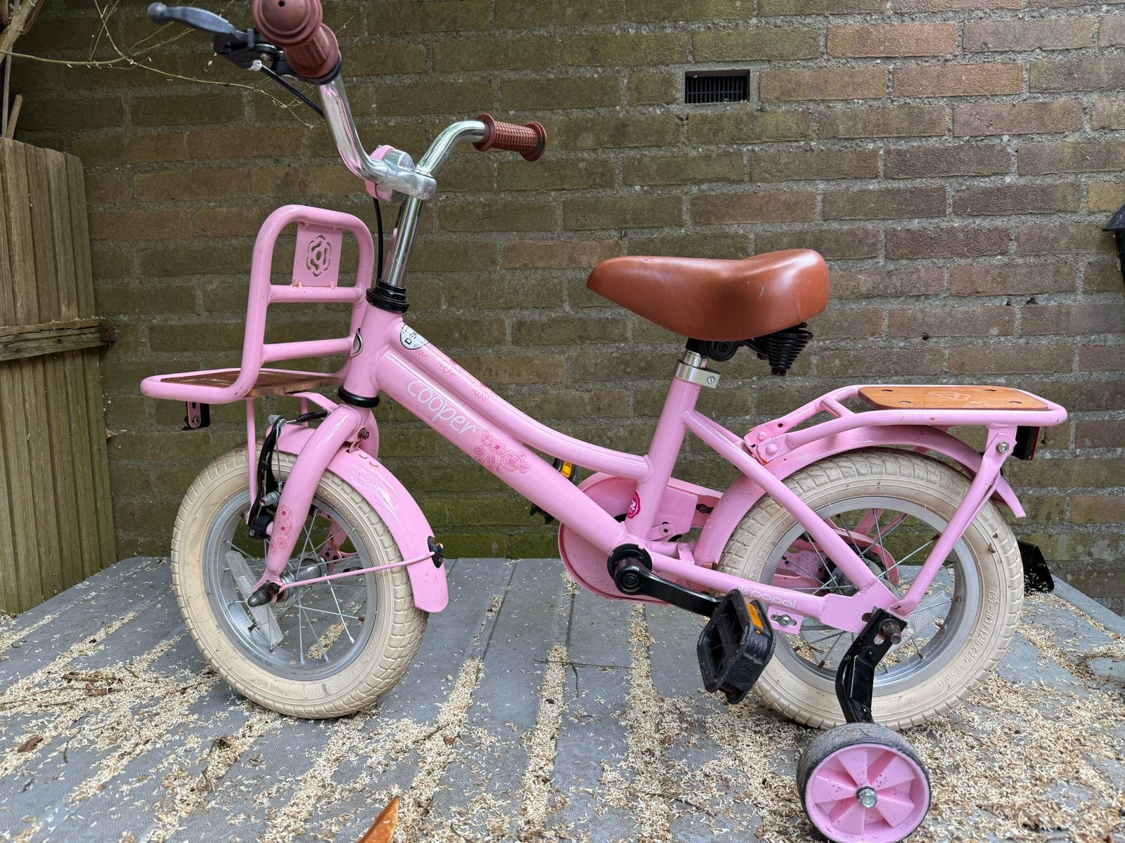 Roze kinderfiets Popal Cooper 12 inch met zijwieltjes, Ophalen, Terugtraprem, Zijwieltjes, Gebruikt