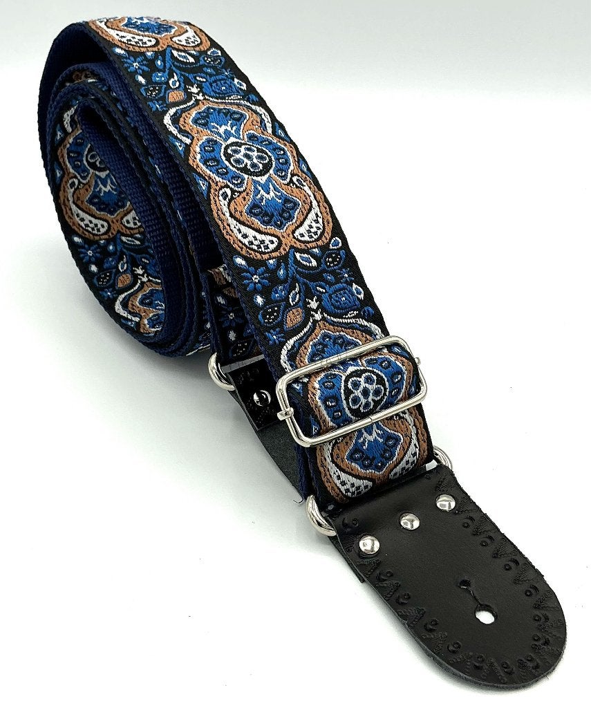 Gitaarband leer Stof018 Blauw beige barok bohemian 178cm, Verzenden, Nieuw, Akoestische gitaar