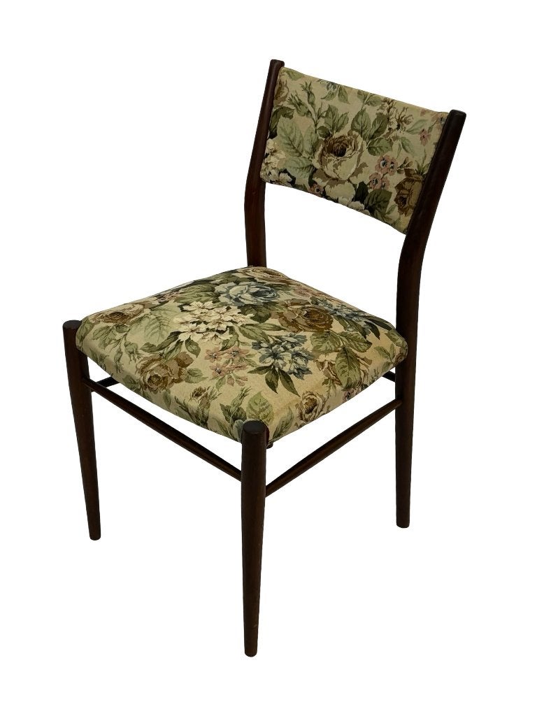 Vintage Eetkamerstoel bloemen bekleding Jaren 60 Teak, Hout, Gebruikt, Vintage stoel, Bruin