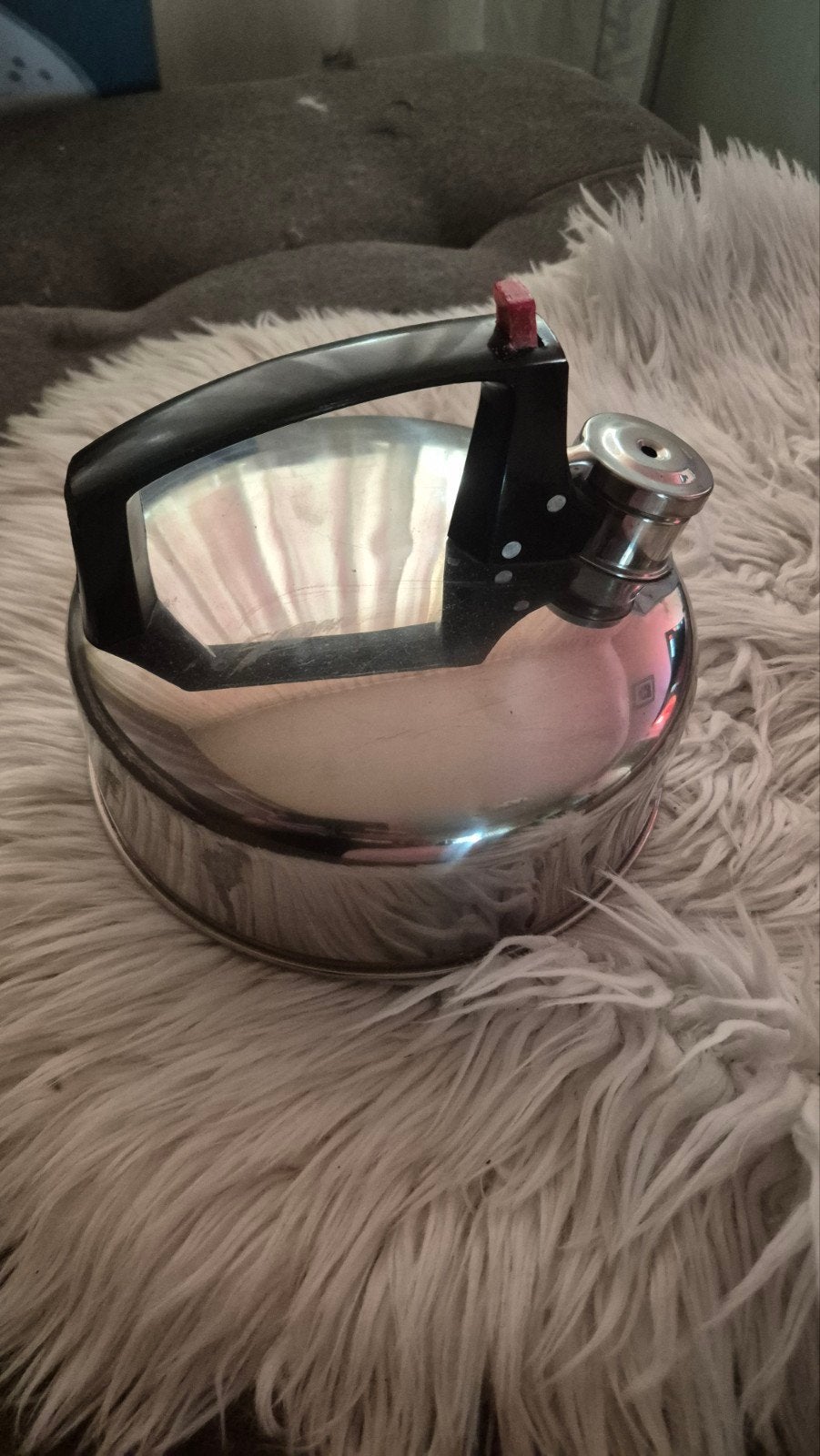 Roestvrijstalen fluitketel met zwarte handgreep, Witgoed en Apparatuur, Waterkokers, Gebruikt, 1 tot 2 liter, Rvs, Ophalen