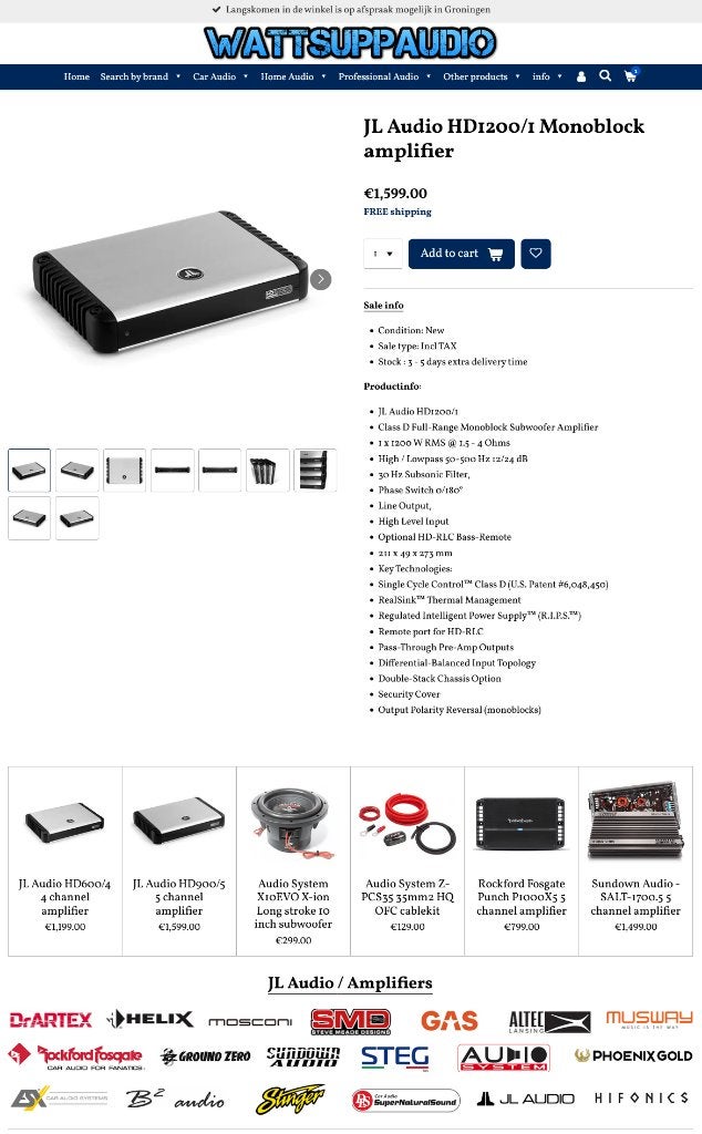 JL Audio HD1200/1 Monoblok versterker 1200W RMS, Auto diversen, Hifi-Focus, Aalsmeerderweg 173 1432 CL, Aalsmeer, Nieuw, Ophalen of Verzenden