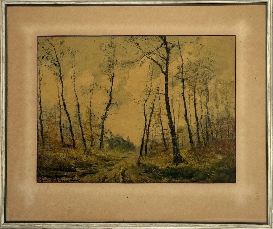 876. Olieverfschilderij – bospad met kale bomen, 20e eeuw, Ophalen of Verzenden, Olieverf, Landschap