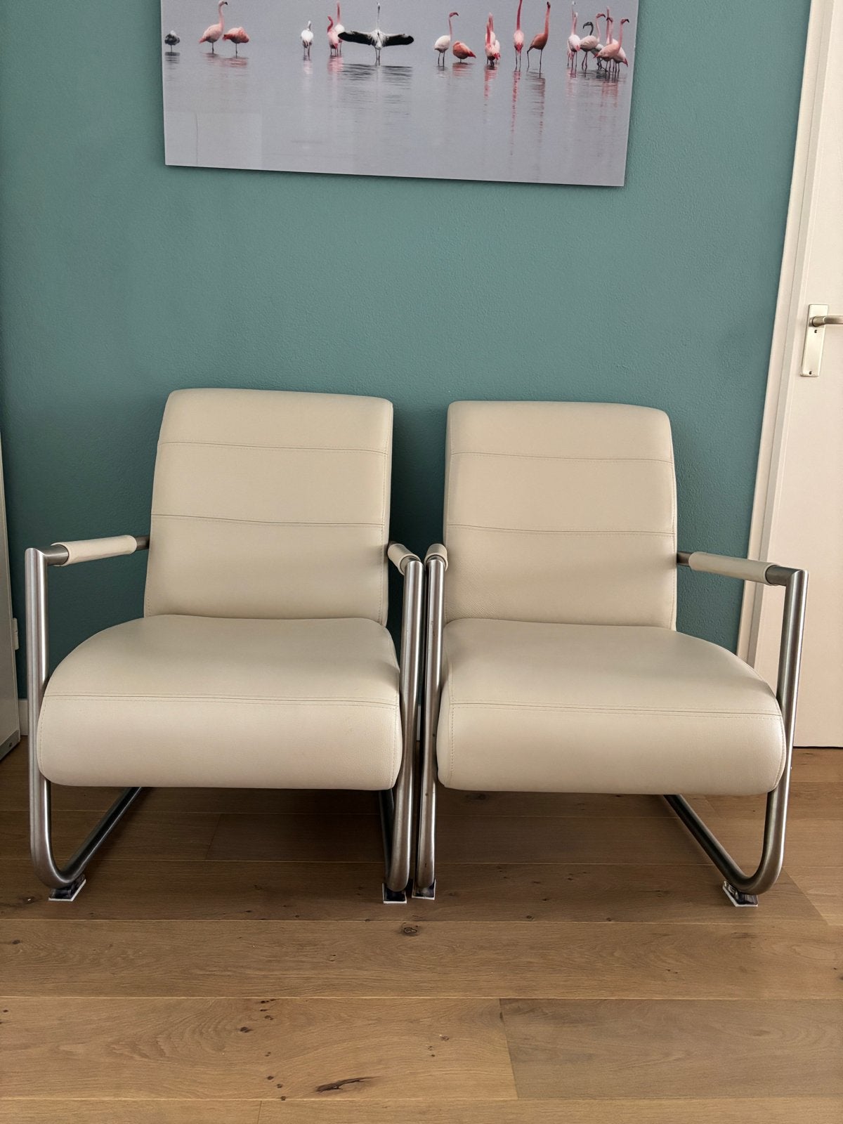 Twee H&H fauteuils, crème leer met metalen frame, Ophalen, Twee, Overige kleuren, Leer