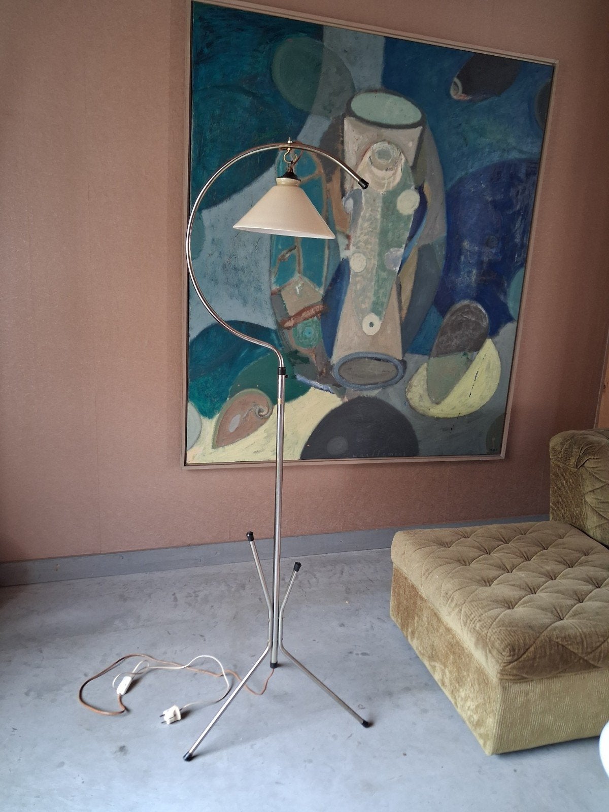 Midcentury jaren 50 /60 driepoot booglamp vloerlamp vintage, Ophalen, Gebruikt, Glas, 150 tot 200 cm