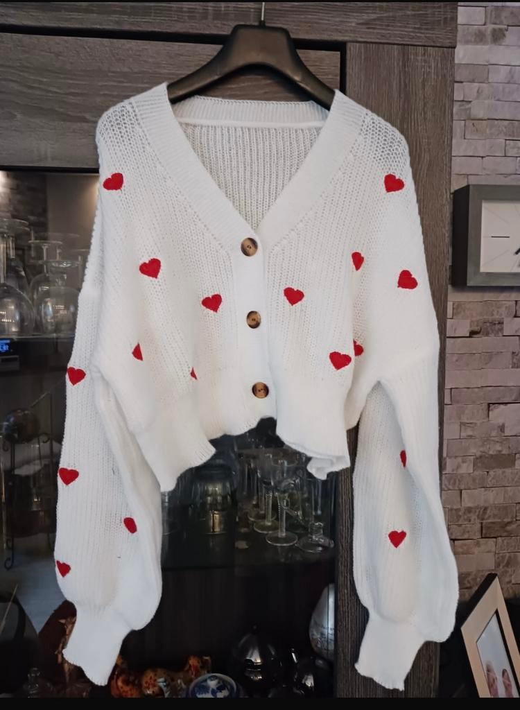 Kort wit vestje met rode hartjes Maat L, Kleding | Dames, Truien en Vesten, Ophalen of Verzenden, Nieuw, Maat 42/44 (L), Wit