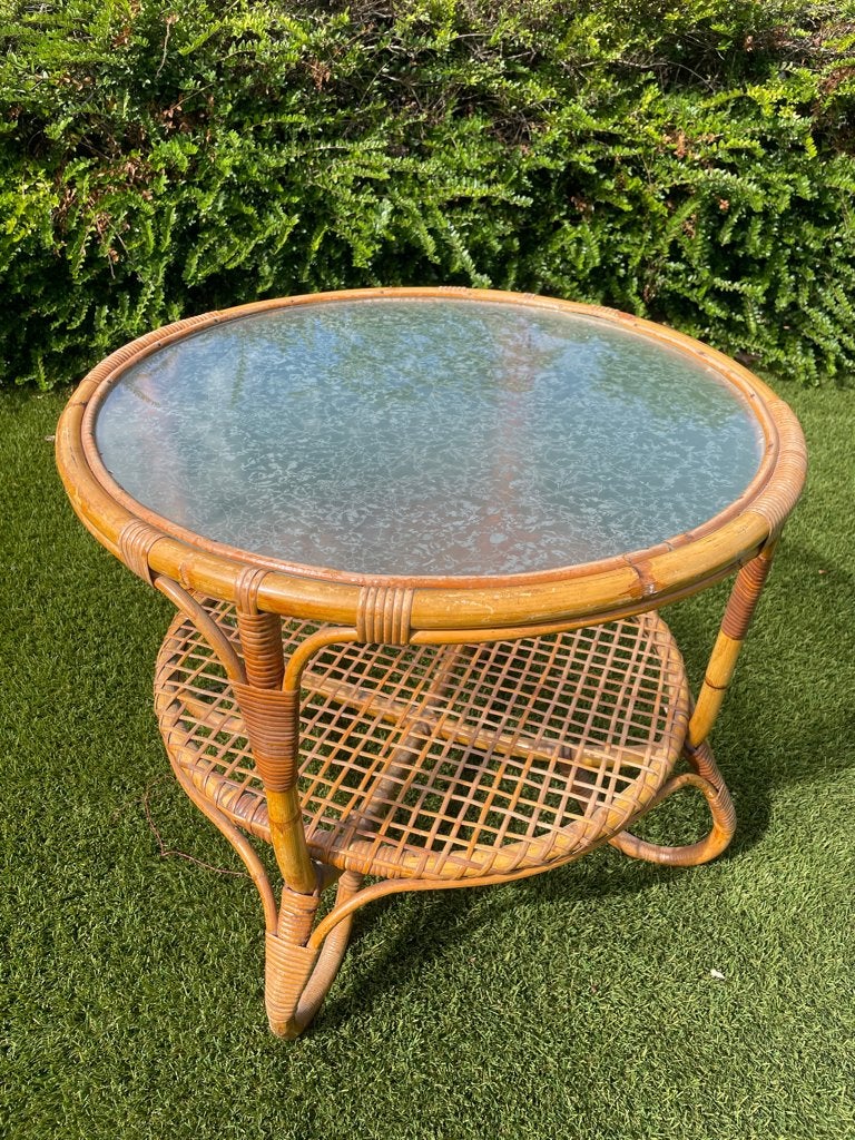 Vintage Rotan tafeltje met glazen plaat, Ophalen, Minder dan 55 cm, Gebruikt, Vintage Rotan