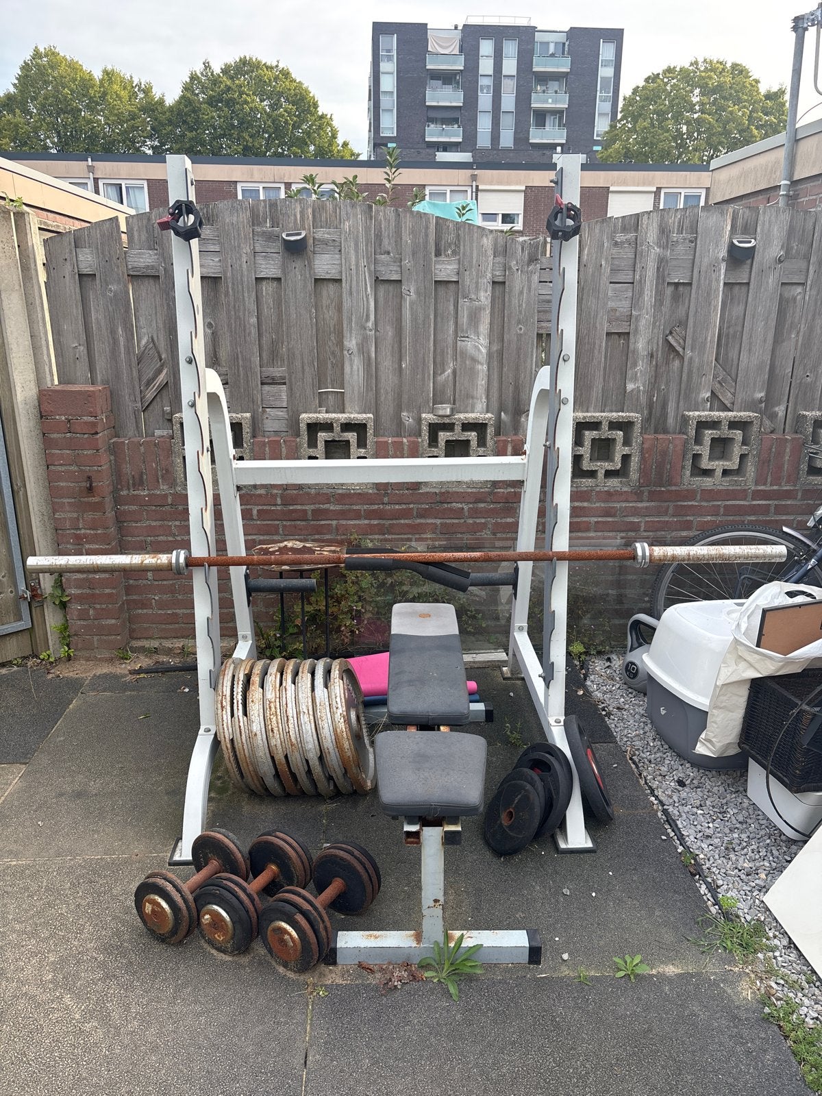 Complete Krachtstation met Bank, Halters en Gewichten, Ophalen, Gebruikt, Armen, Fitnessbank