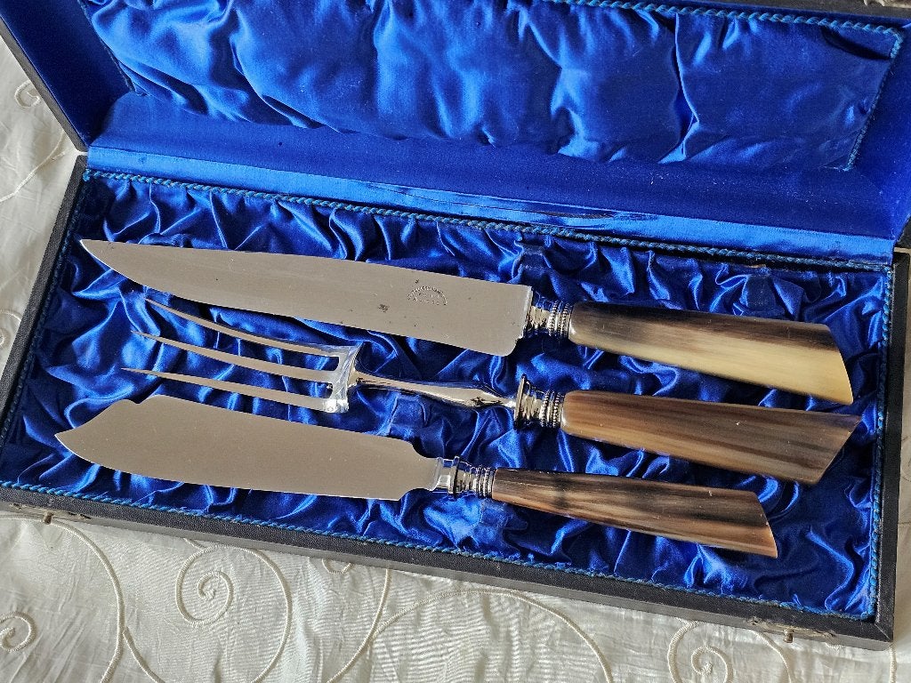 TOP antiek hoornen trancheerbestek + taartmes / vleesbestek, Ophalen of Verzenden