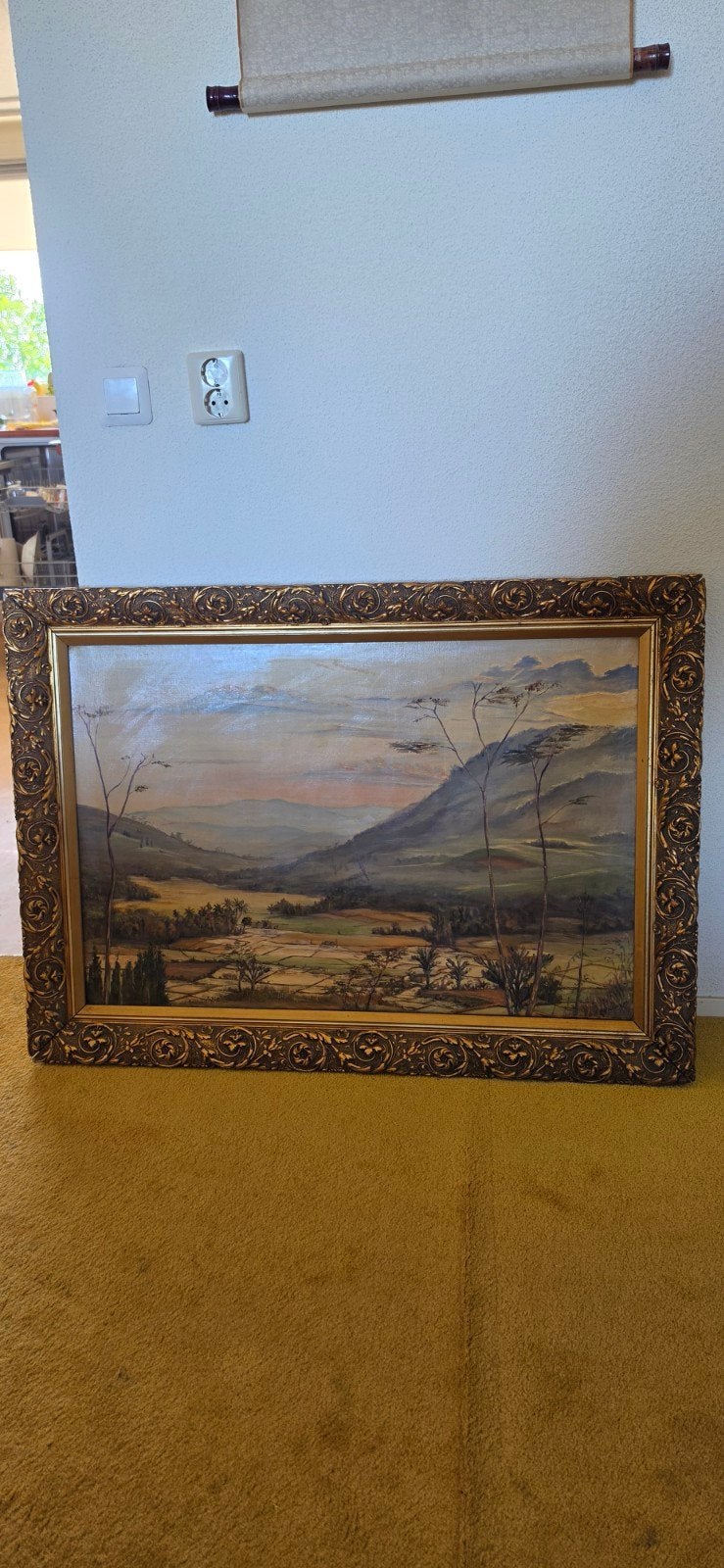 Groot Schilderij Landschap Indonesië met Gouden Lijst - 107x, Antiek en Kunst, Ophalen