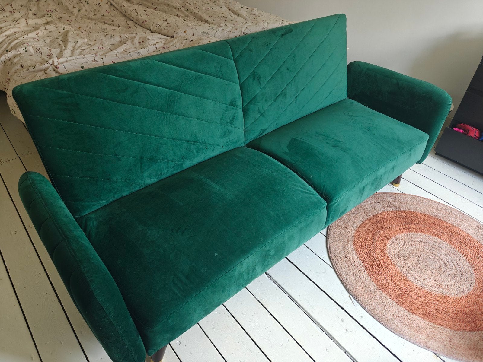 Zo goed als nieuwe smaragdgroene slaapbank, Ophalen, Modern, Scandinavisch, Driepersoons, 75 tot 100 cm