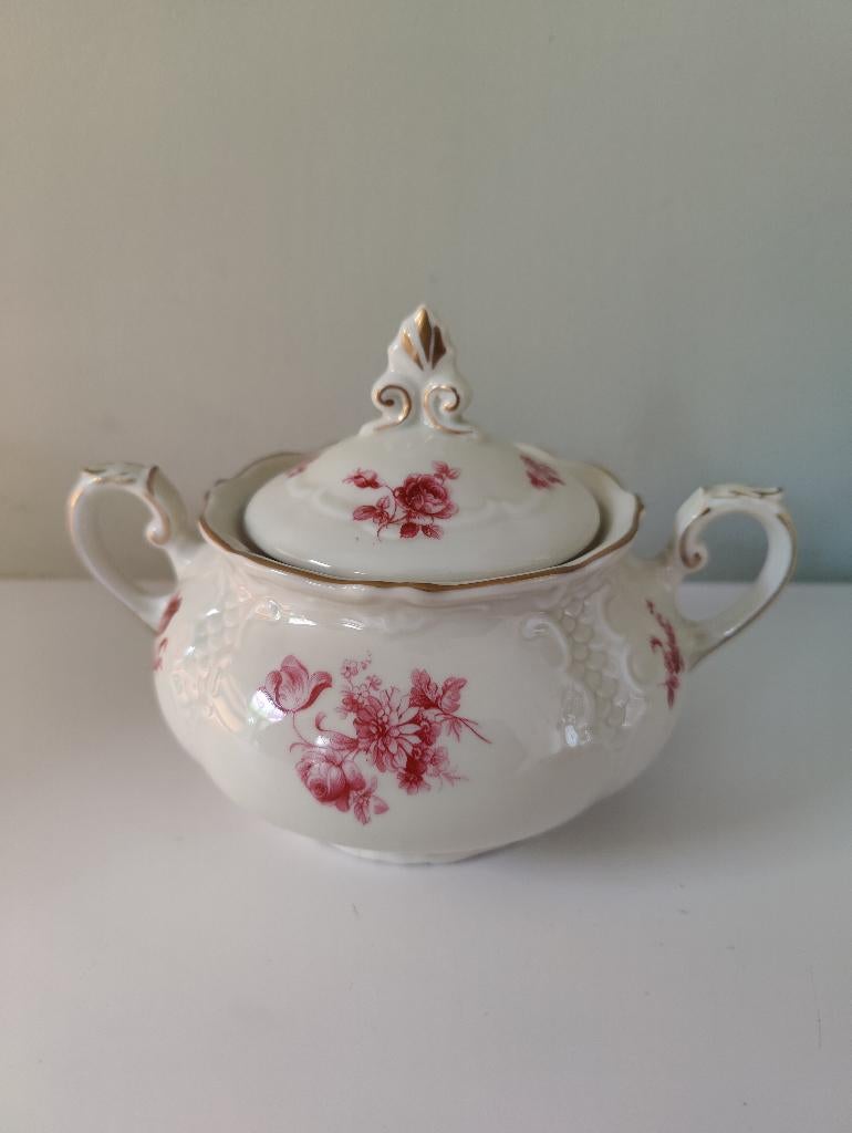 Mosa porseleinen suikerpot klassiek dessin met roze bloemen, Gebruikt, Overige typen, Ophalen of Verzenden, Overige stijlen