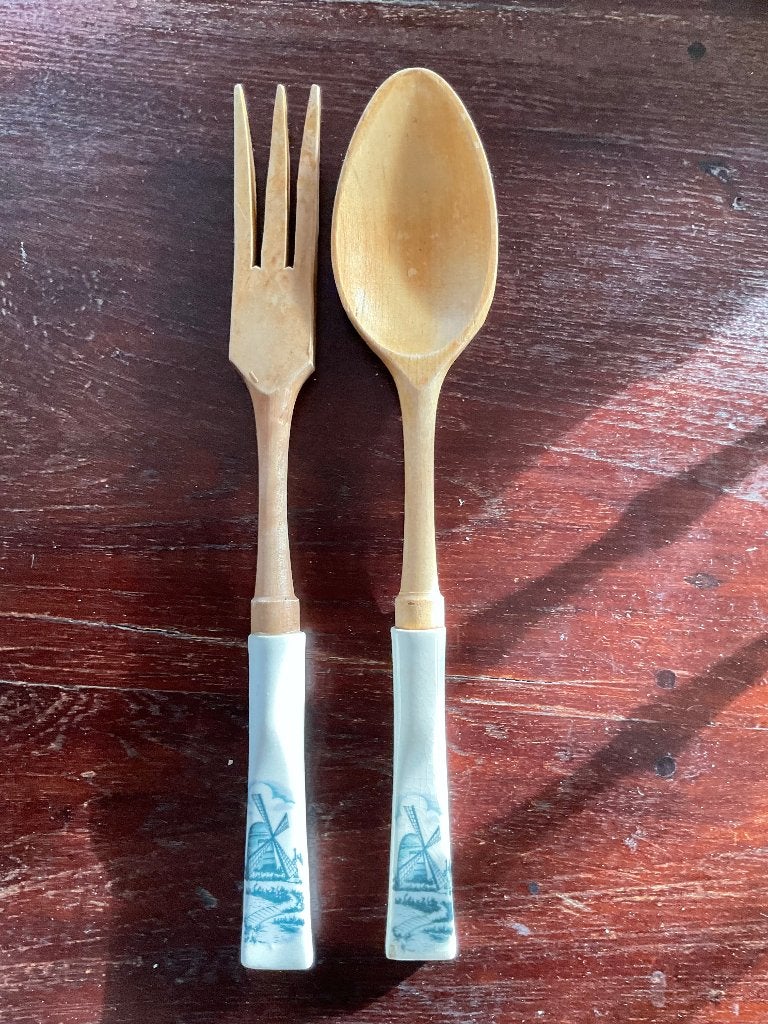 Salade bestekset met keramieken handvaten in Delfts blauw, Ophalen, Gebruikt, Bestekset, Slabestek