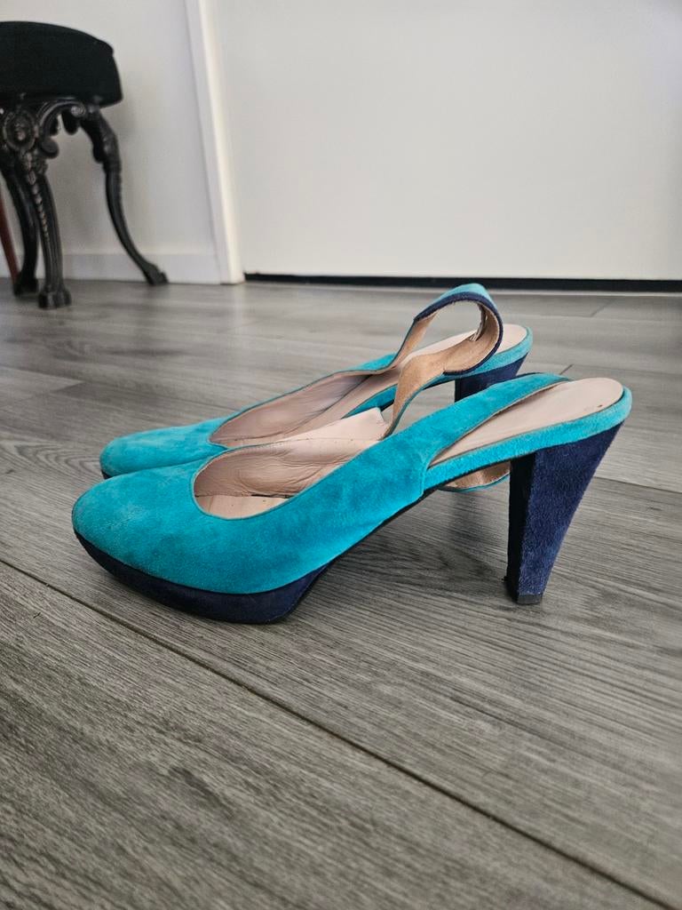 Turquoise suède slingback pumps, maat 39.5, Pumps, Blauw, Ophalen of Verzenden, Onbekend