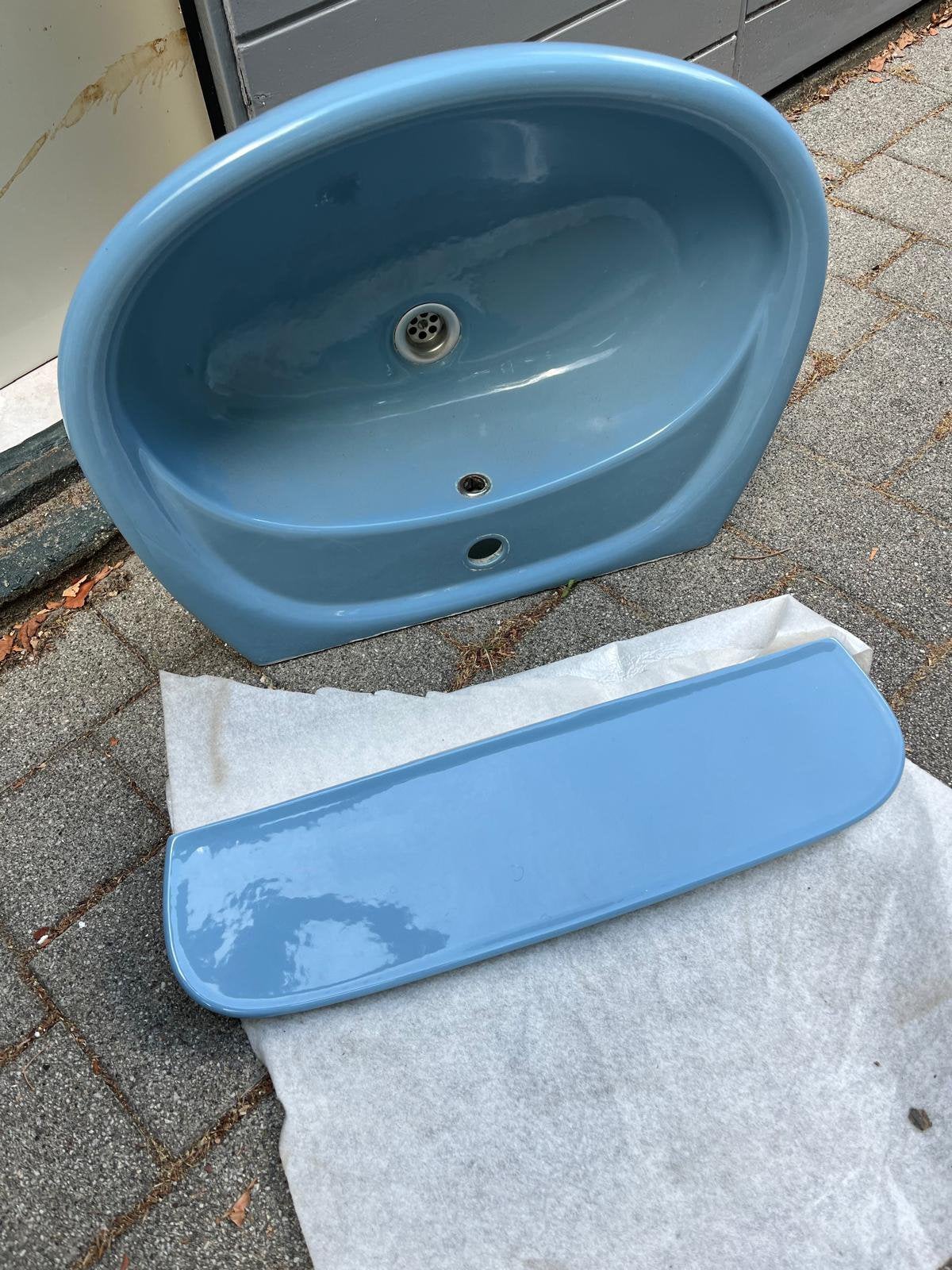 Vintage blauwe wastafel met blauw plankje, Ophalen, Gebruikt, 50 tot 100 cm, Minder dan 100 cm